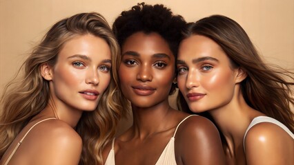 Obraz premium Three Diverse Women with Glowing Skin Posing Together for Skincare Campaign, Radiant Beauty Portrait on Beige Background