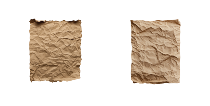 Two crumpled sheets of paper show texture and creases in different shades and forms