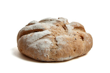 Freshly baked artisan bread loaf with a golden-brown crust, deep scoring, and a light flour dusting. Rustic texture with visible seeds, isolated on a white background