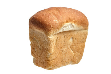 Freshly baked rectangular loaf of bread with a golden-brown crust and soft, fluffy interior....