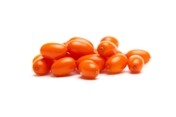 A cluster of bright orange sea buckthorn berries with a smooth, glossy surface, isolated on a white background. Rich in antioxidants and commonly used in health foods