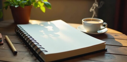 Spiral notebook, steaming coffee, wooden tabletop, steam, light