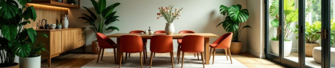 Stylish eclectic dining space, wooden floor, tropical plants , wooden floor, poster