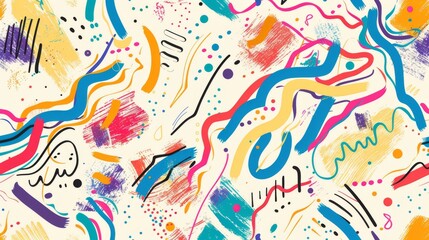 Fun colorful line doodle seamless pattern. Creative abstract style art symbol background for children or celebration design with basic shapes. Simple childish scribble wallpaper print.