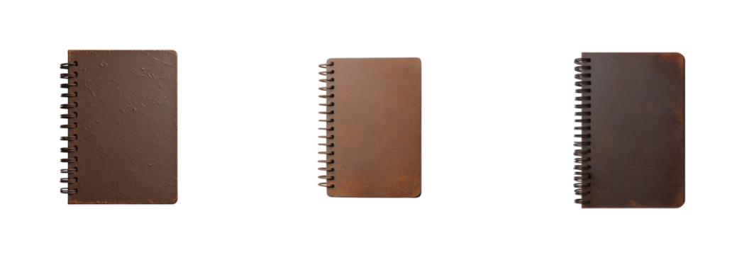 Three brown spiral notebooks of varying sizes with textured covers