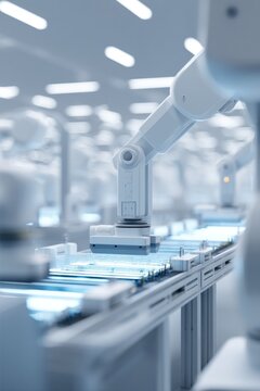 sleek assembly line robot precisely assembles electronics in modern minimalistic factory machinery and human collaboration