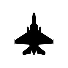 Black silhouette of a fighter jet perfect for militarythemed designs, aviation presentations, or any project needing a powerful aerial graphic.