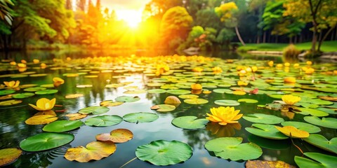 Sunlit pond surface covered with floating yellow and orange lotus leaves creating a sense of peacefulness and harmony amidst lush green surroundings, nature, serenity