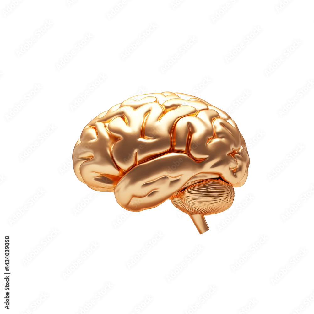 Poster golden brain sculpture with detailed curves and realistic texture on display
