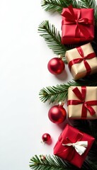 Wrapped gifts & ornaments in festive row on white background, texture, merry, background