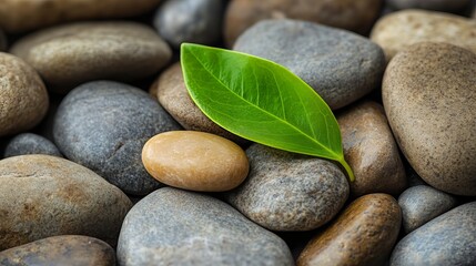 Serene Green Leaf Resting on Smooth River Rocks Natural Zen Stones Spa Background Tranquil Nature Photography Peaceful Relaxation Image Calming       