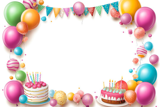 A cheerful border of colorful birthday balloons frame and birthday cake  isolated on white background