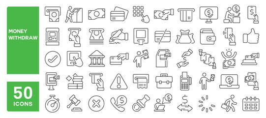 Set of 50 line icons related to money withdraw, ATM, transaction, debit card, pin code, cash, wallet, exchange, pay, withdrawal, Editable stroke. Vector illustration