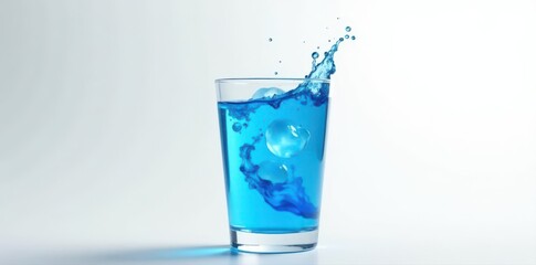 Blue cocktail splashing in glass, white background, liquid, alcohol