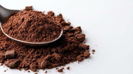 A spoon filled with finely ground dark chocolate powder, complemented by small chunks of chocolate nearby, creating an appealing display for culinary enthusiasts and dessert lovers.