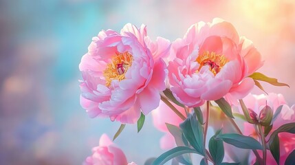 Obraz premium Romantic floral background with peonies and subtle lighting, pastel dreamy style