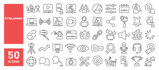 Set of 50 line icons related to streaming, live video, broadcast, channel, camera, influencer, interaction, views, live stream, Editable stroke. Vector illustration