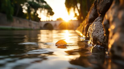 A solitary leaf floats gracefully on the surface of a calm river, framed by the warm glow of the sunset creating a meditative atmosphere.