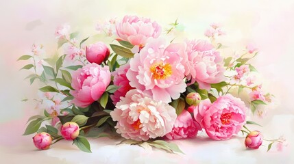 Soft pastel background with blooming pink peony bouquet, romantic and elegant art style