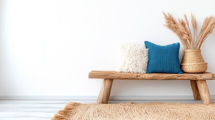 A serene minimalist interior scene featuring a cozy wooden bench adorned with soft pillows, complemented by a stylish natural decor that embodies comfort and simplicity.