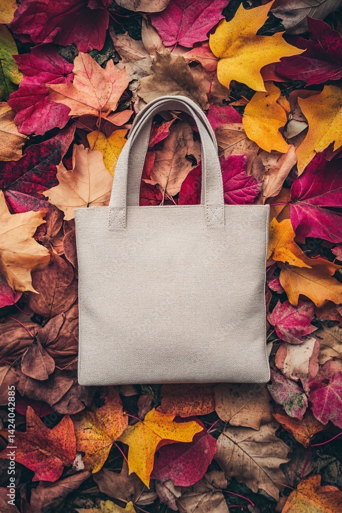 Poster simple autumn setting with an empty tote bag amidst vibrant fall leaves