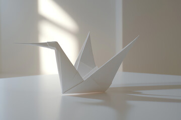 Naklejka premium A delicate white origami crane gracefully stands on a surface, symbolizing peace and tranquility in modern minimalist design.