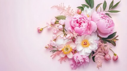 Wedding invitation background with pastel peony bouquet and elegant minimal design