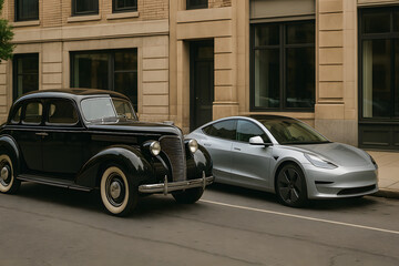 Obraz premium Classic car and electric vehicle parked on street in front of building urban scene photography, old vs new