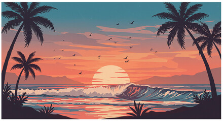 Obraz premium Ocean Sunset Palm Trees and Waves