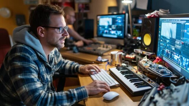 Focused Audio Engineer: A dedicated audio engineer meticulously works on his computer, surrounded by professional audio equipment in a dimly lit recording studio.