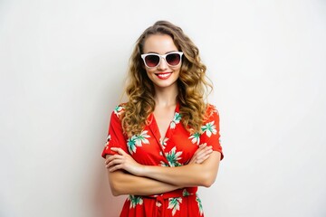 Obraz premium Young girl in bright red robe wearing sunglasses smiling with arms folded on chest on light background
