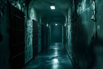 Fototapeta premium A long, dark prison hallway, lined with barred cells.