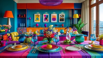 Modern dining with vibrant hues and quirky fun table settings