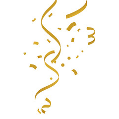Falling shiny golden confetti isolated on transparent background. Bright festive tinsel of gold color. Vector illustration.