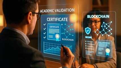 Businessman using a futuristic transparent touchscreen to manage academic validation certificates using blockchain technology, ensuring security and transparency in education system