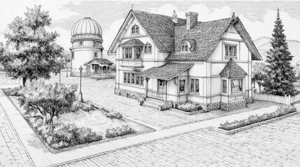 Fototapeta premium Detailed Black And White Architectural Sketch Of A Large House With Garden
