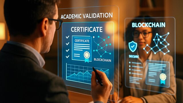 Businessman using a futuristic transparent touchscreen to manage academic validation certificates using blockchain technology, ensuring security and transparency in education system