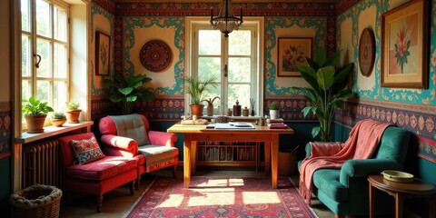 A sunlit study, adorned with richly patterned wallpaper, features comfortable armchairs, potted plants, and a writing desk organized with various items.