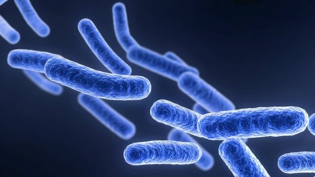 Detailed microscopic rendering of rod-shaped bacteria cells with blue hues on dark backdrop for medical or scientific visualization purposes