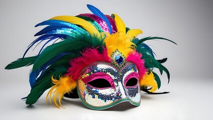 A colorful feathered carnival mask with sequins on a white surface