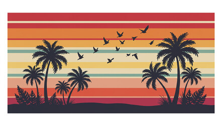 Obraz premium Palm Tree and Bird Silhouette with Retro Sunset Background
