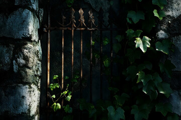 Ornate wrought-iron gate, overgrown with ivy.