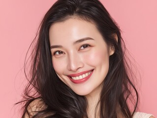 Obraz premium A beautiful photo of a beautiful asian beauty with long hair in a white t-shirt smiling on a solid color background with natural skin and soft lighting with minimalist style and natural expression.