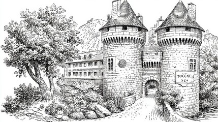 Obraz premium Detailed Black And White Sketch Of Medieval Castle Amidst Lush Trees