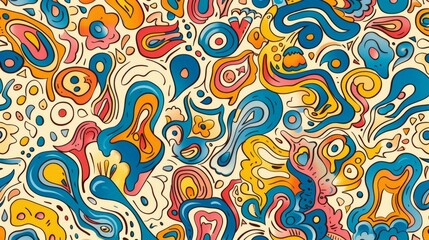 Fun colorful line doodle seamless pattern. Creative abstract style art symbol background for children or celebration design with basic shapes. Simple childish scribble wallpaper print.