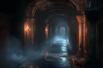 Mysterious, dimly lit corridor with arched ceilings.