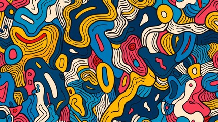 Fun colorful line doodle seamless pattern. Creative abstract style art symbol background for children or celebration design with basic shapes. Simple childish scribble wallpaper print.