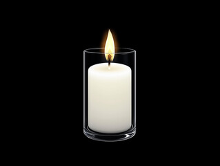 A burning candle in a glass holder against a black background