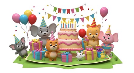 Obraz premium Celebrating Birthday with Cute Cartoon Animals and Festive Party