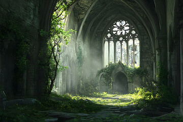 Fototapeta premium Sunlight illuminates a overgrown, abandoned gothic cathedral.
